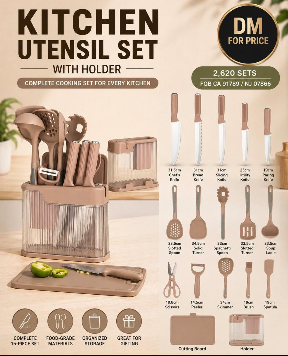 15-Piece Kitchen Utensil Set with Holder & Cutting Board