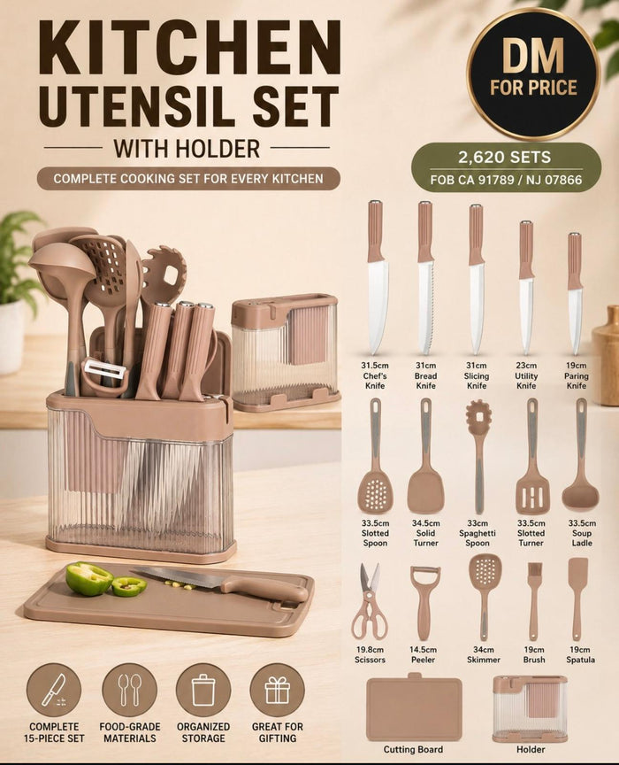 15-Piece Kitchen Utensil Set with Holder & Cutting Board