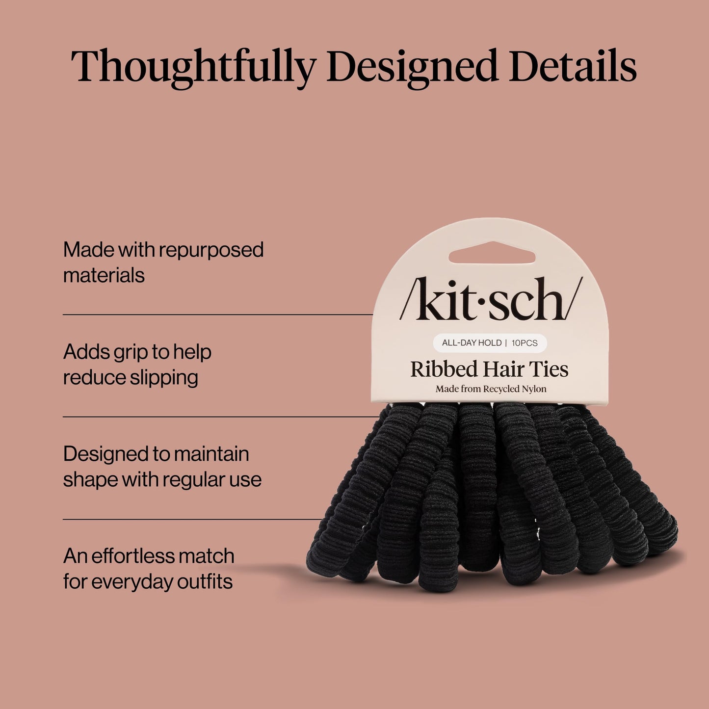 Kitsch Nylon Hair Ties No Damage - Stretchable Hair Bands for Strong All-Day Hold, Ponytail Holders | Hair Accessories for Girls - Black, 12 Pcs