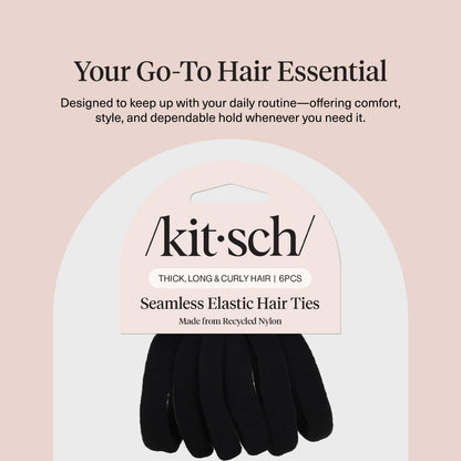 Kitsch Nylon Hair Ties No Damage - Stretchable Hair Bands for Strong All-Day Hold, Ponytail Holders | Hair Accessories for Girls - Black, 12 Pcs