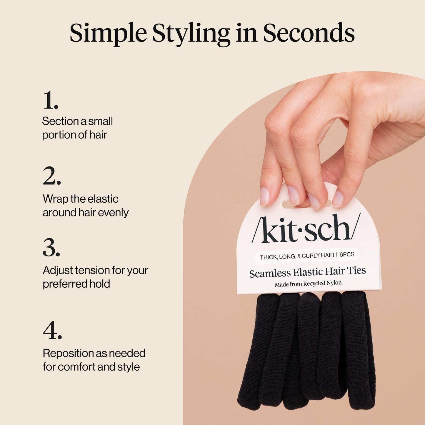 Kitsch Nylon Hair Ties No Damage - Stretchable Hair Bands for Strong All-Day Hold, Ponytail Holders | Hair Accessories for Girls - Black, 12 Pcs