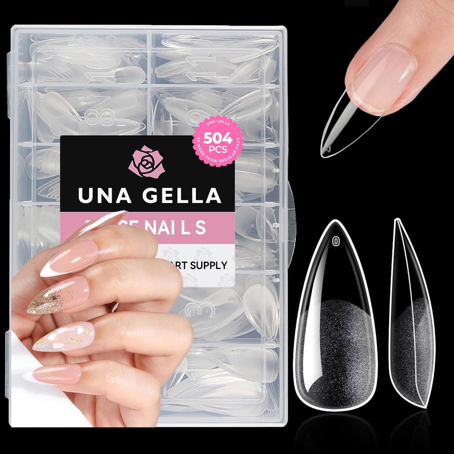 UNA GELLA Short Almond Nail Tips: 504PCS Short Fake Nails Soft Press On Gel Nail Tips Pre Shaped Almond Shape Home Nail Extension Full Cover, 12 Sizes Acrylic Gelly Tips