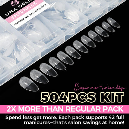 UNA GELLA Short Almond Nail Tips: 504PCS Short Fake Nails Soft Press On Gel Nail Tips Pre Shaped Almond Shape Home Nail Extension Full Cover, 12 Sizes Acrylic Gelly Tips