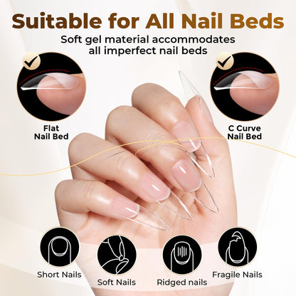 UNA GELLA Short Almond Nail Tips: 504PCS Short Fake Nails Soft Press On Gel Nail Tips Pre Shaped Almond Shape Home Nail Extension Full Cover, 12 Sizes Acrylic Gelly Tips