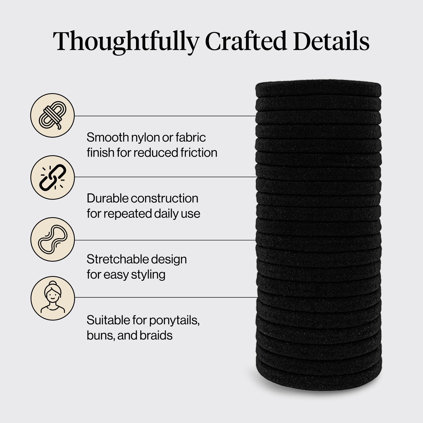 Kitsch Nylon Hair Ties No Damage - Stretchable Hair Bands for Strong All-Day Hold, Ponytail Holders | Hair Accessories for Girls - Black, 12 Pcs