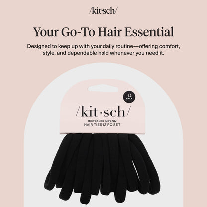 Kitsch Nylon Hair Ties No Damage - Stretchable Hair Bands for Strong All-Day Hold, Ponytail Holders | Hair Accessories for Girls - Black, 12 Pcs