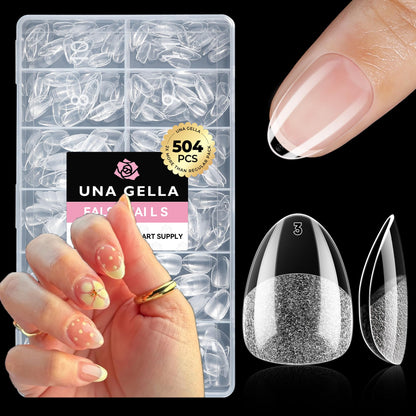 UNA GELLA Short Almond Nail Tips: 504PCS Short Fake Nails Soft Press On Gel Nail Tips Pre Shaped Almond Shape Home Nail Extension Full Cover, 12 Sizes Acrylic Gelly Tips