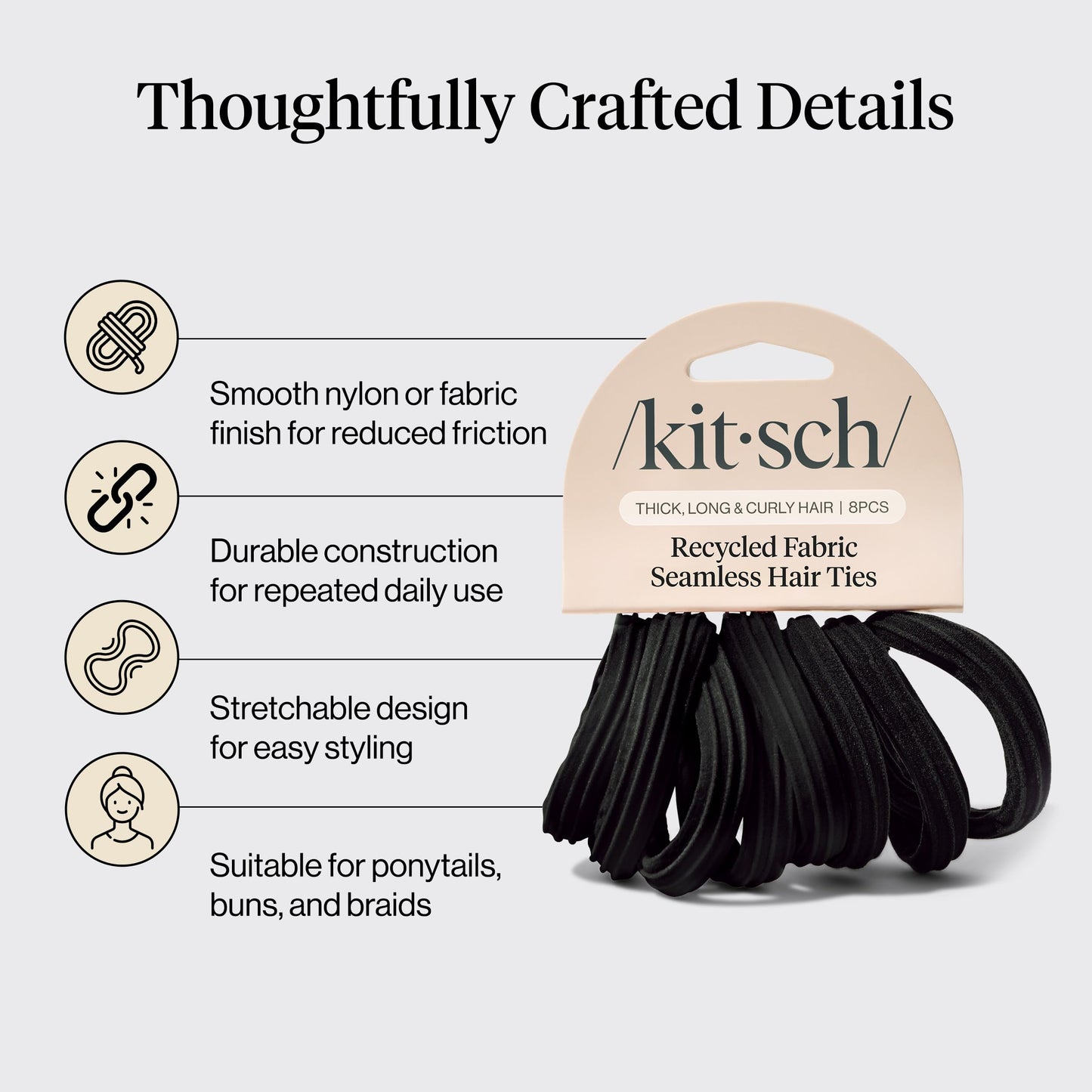 Kitsch Nylon Hair Ties No Damage - Stretchable Hair Bands for Strong All-Day Hold, Ponytail Holders | Hair Accessories for Girls - Black, 12 Pcs