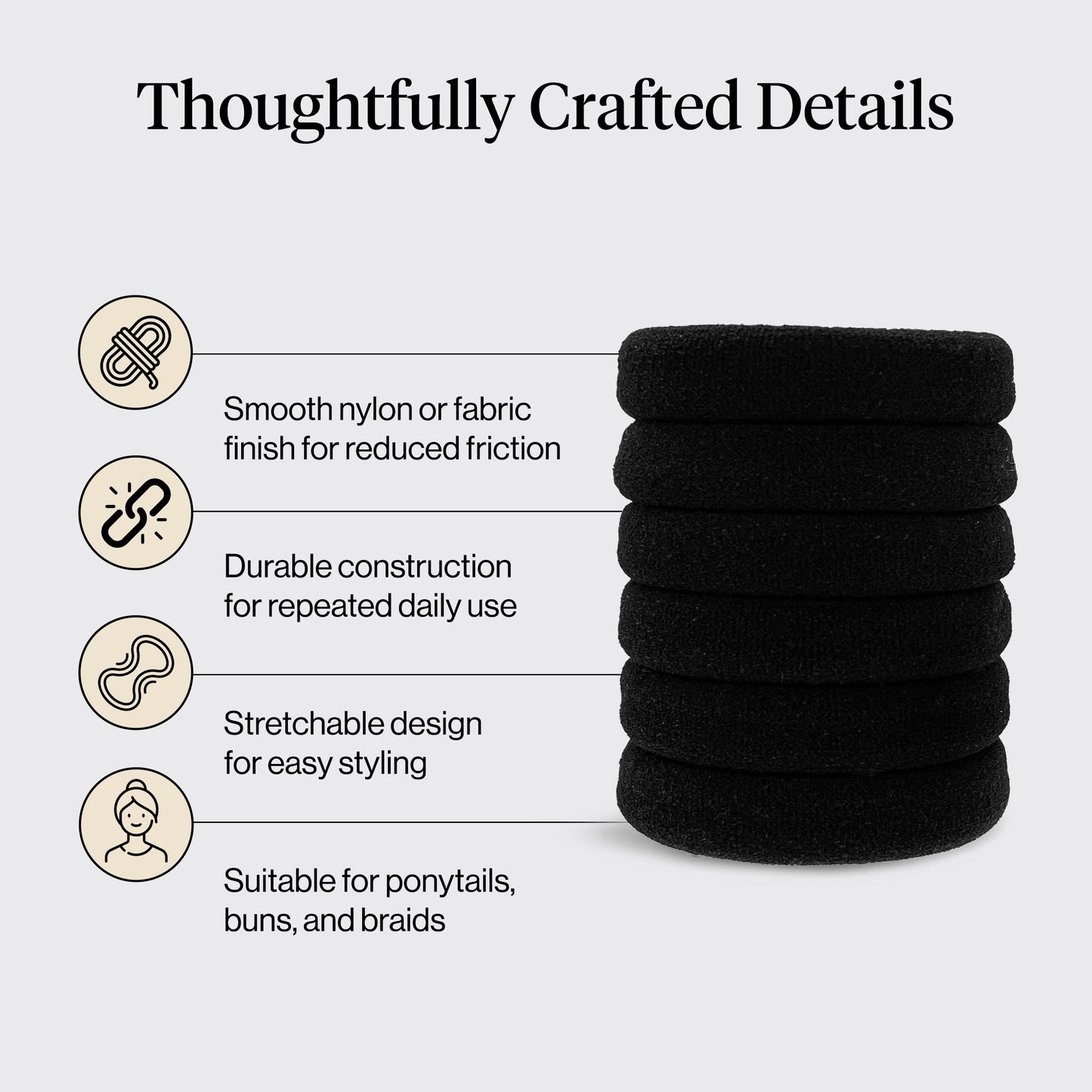 Kitsch Nylon Hair Ties No Damage - Stretchable Hair Bands for Strong All-Day Hold, Ponytail Holders | Hair Accessories for Girls - Black, 12 Pcs