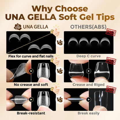 UNA GELLA Short Almond Nail Tips: 504PCS Short Fake Nails Soft Press On Gel Nail Tips Pre Shaped Almond Shape Home Nail Extension Full Cover, 12 Sizes Acrylic Gelly Tips