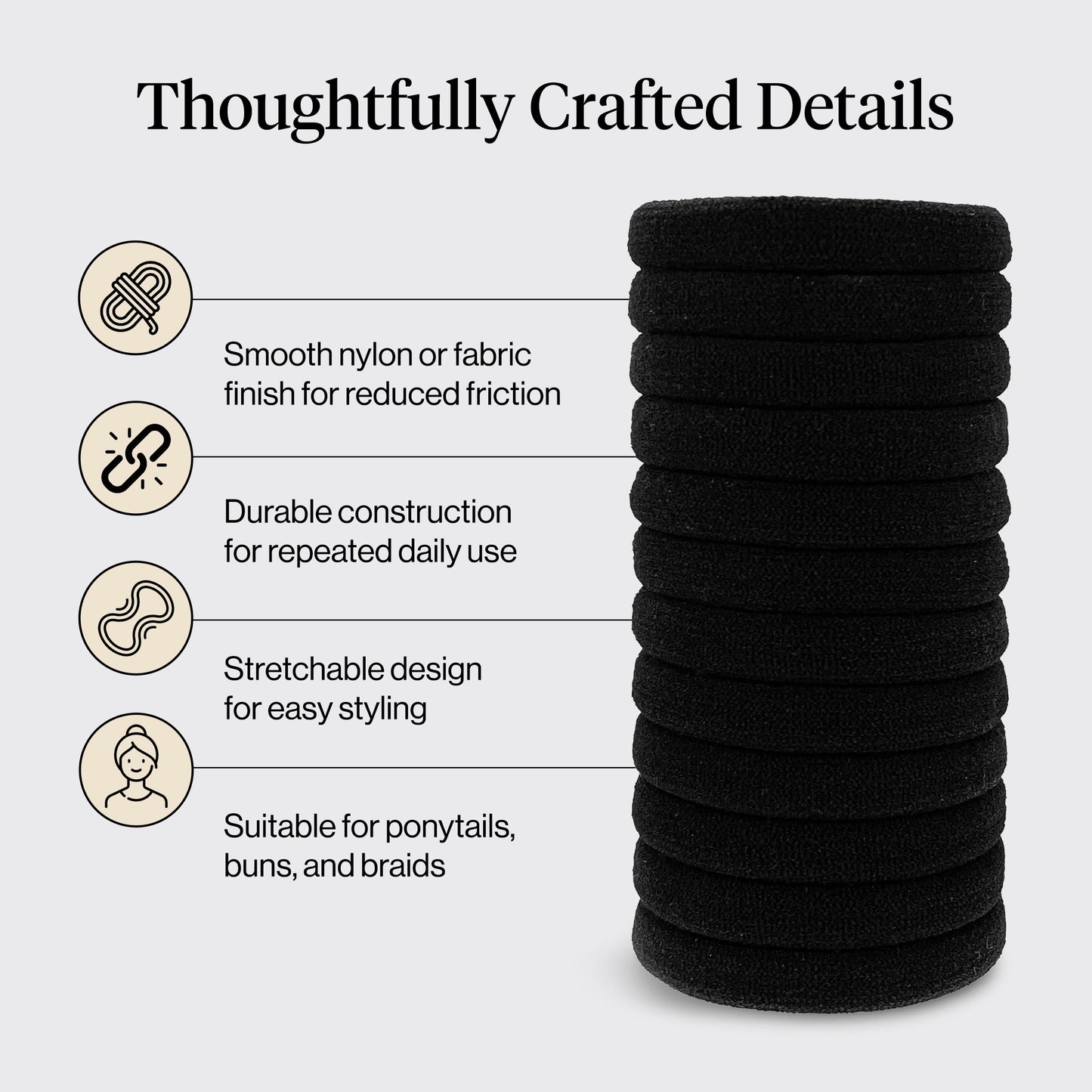 Kitsch Nylon Hair Ties No Damage - Stretchable Hair Bands for Strong All-Day Hold, Ponytail Holders | Hair Accessories for Girls - Black, 12 Pcs