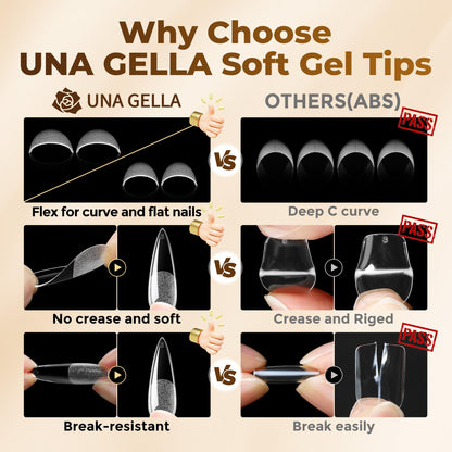 UNA GELLA Short Almond Nail Tips: 504PCS Short Fake Nails Soft Press On Gel Nail Tips Pre Shaped Almond Shape Home Nail Extension Full Cover, 12 Sizes Acrylic Gelly Tips
