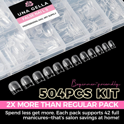 UNA GELLA Short Almond Nail Tips: 504PCS Short Fake Nails Soft Press On Gel Nail Tips Pre Shaped Almond Shape Home Nail Extension Full Cover, 12 Sizes Acrylic Gelly Tips
