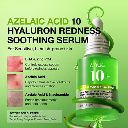 Anua Azelaic Acid 10 Hyaluron Redness Soothing Serum, Facial Serum for Blemish-Prone & Oily-Prone Skin, Lightweight & Hydrating Blemish Care, Hyaluronic Acid, Korean Skincare, 1.01 fl oz.