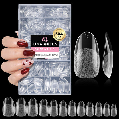 UNA GELLA Short Almond Nail Tips: 504PCS Short Fake Nails Soft Press On Gel Nail Tips Pre Shaped Almond Shape Home Nail Extension Full Cover, 12 Sizes Acrylic Gelly Tips