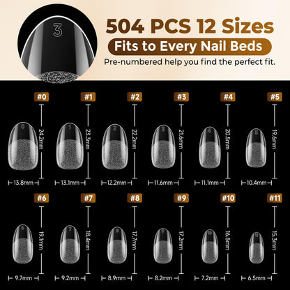 UNA GELLA Short Almond Nail Tips: 504PCS Short Fake Nails Soft Press On Gel Nail Tips Pre Shaped Almond Shape Home Nail Extension Full Cover, 12 Sizes Acrylic Gelly Tips