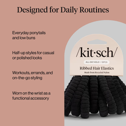Kitsch Nylon Hair Ties No Damage - Stretchable Hair Bands for Strong All-Day Hold, Ponytail Holders | Hair Accessories for Girls - Black, 12 Pcs