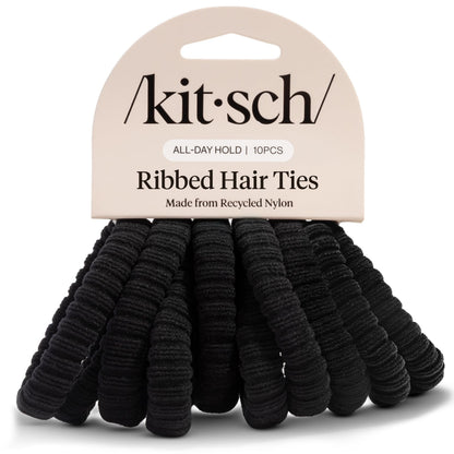 Kitsch Nylon Hair Ties No Damage - Stretchable Hair Bands for Strong All-Day Hold, Ponytail Holders | Hair Accessories for Girls - Black, 12 Pcs