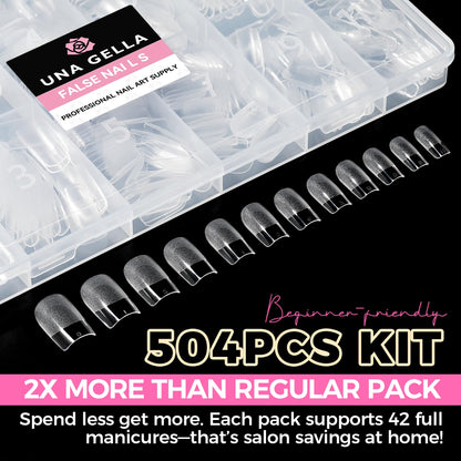 UNA GELLA Short Almond Nail Tips: 504PCS Short Fake Nails Soft Press On Gel Nail Tips Pre Shaped Almond Shape Home Nail Extension Full Cover, 12 Sizes Acrylic Gelly Tips