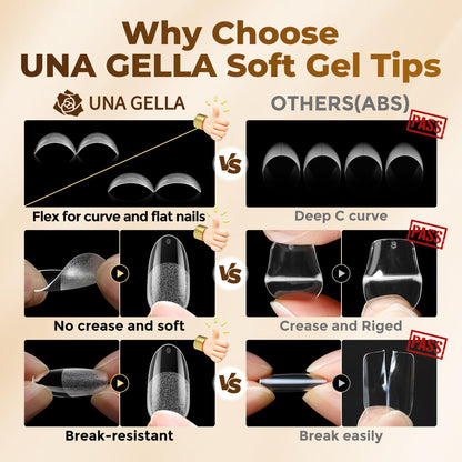 UNA GELLA Short Almond Nail Tips: 504PCS Short Fake Nails Soft Press On Gel Nail Tips Pre Shaped Almond Shape Home Nail Extension Full Cover, 12 Sizes Acrylic Gelly Tips