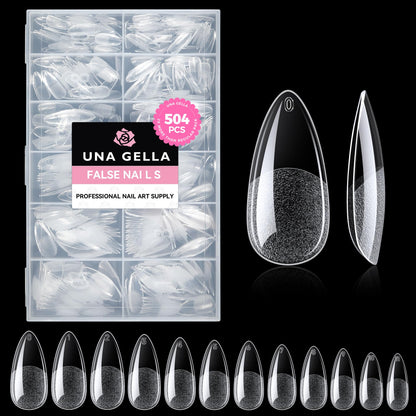 UNA GELLA Short Almond Nail Tips: 504PCS Short Fake Nails Soft Press On Gel Nail Tips Pre Shaped Almond Shape Home Nail Extension Full Cover, 12 Sizes Acrylic Gelly Tips