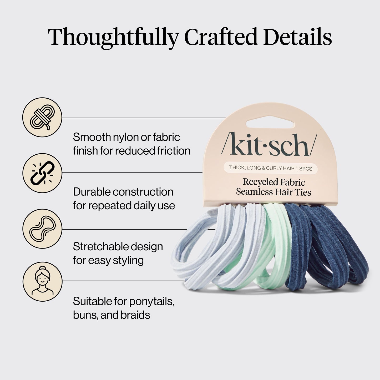 Kitsch Nylon Hair Ties No Damage - Stretchable Hair Bands for Strong All-Day Hold, Ponytail Holders | Hair Accessories for Girls - Black, 12 Pcs