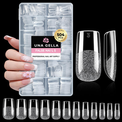 UNA GELLA Short Almond Nail Tips: 504PCS Short Fake Nails Soft Press On Gel Nail Tips Pre Shaped Almond Shape Home Nail Extension Full Cover, 12 Sizes Acrylic Gelly Tips