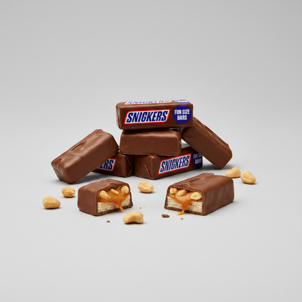 A chocolate bar product graphic showing a large plain chocolate bar on the right and a sliced caramel-filled chocolate bar on the left, with a blue circle reading 'FUN SIZE BARS' and a red, white, and blue striped background.