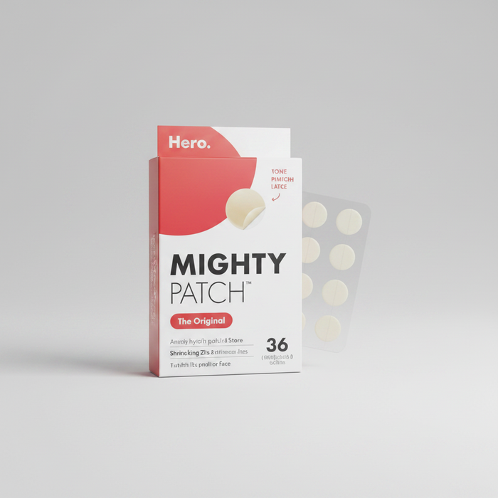 A screenshot of an Amazon product page for Mighty Patch Hero cosmetic acne patches, showing the product packaging, customer reviews, and product details on a white webpage background.