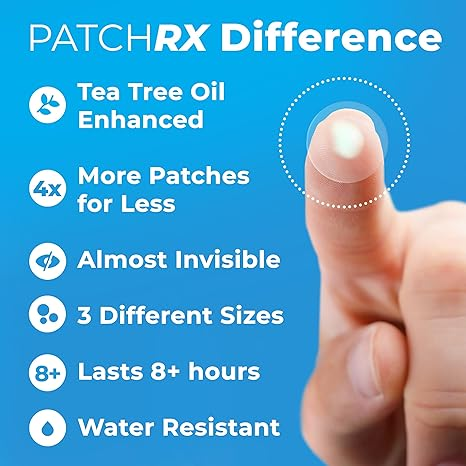 PatchRx Difference - Tea Tree Oil, 4x more patches, almost invisible, 3 sizes, 8+ hours, water resistant